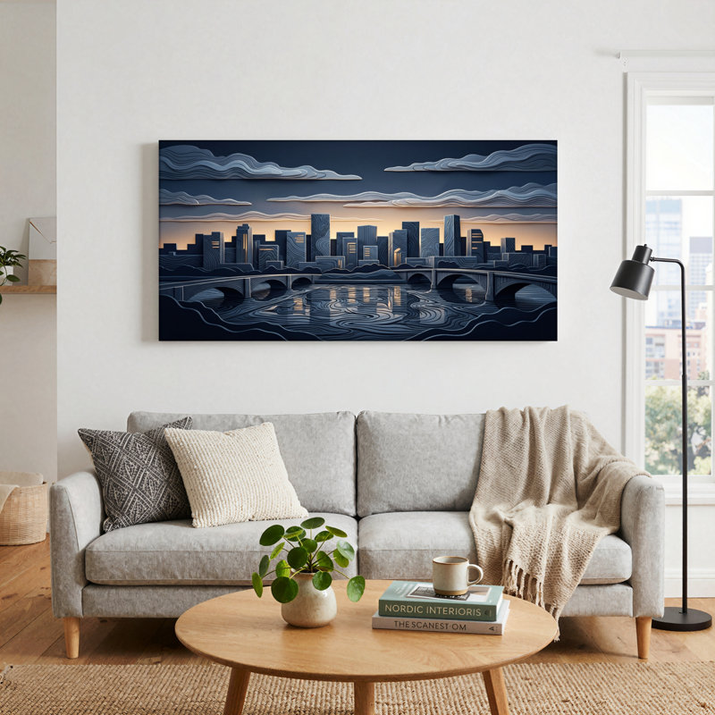 Ensemble de 1 tableau sur toile représentant la silhouette de la ville, L 32 po x H 16 po, Toile tendue