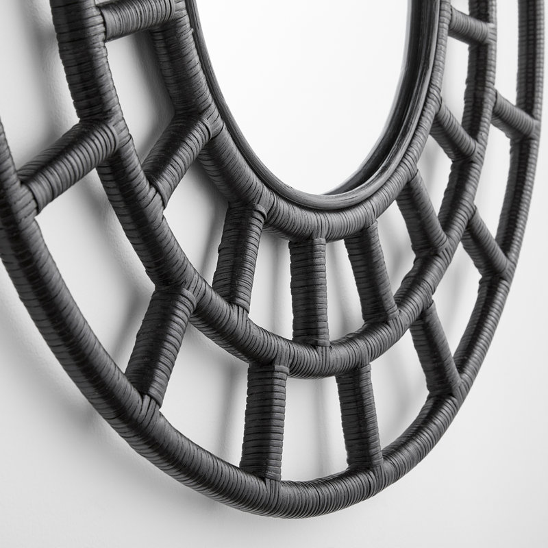 Comoros Black Rattan and Wood Round Wall Mirror