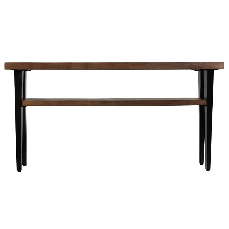 Alberta XL Console Table with Shelf in Parquet Style Wood and black metal legs 56.25"