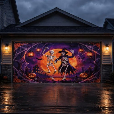 Halloween Garage Door Cover 7 x 16 ft, Skeleton Dance Banner