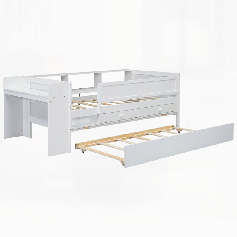 Lit de jour multifonctionnel avec tiroirs et lit gigogne, tête de lit et tables de rangement, station de charge USB,, Blanc