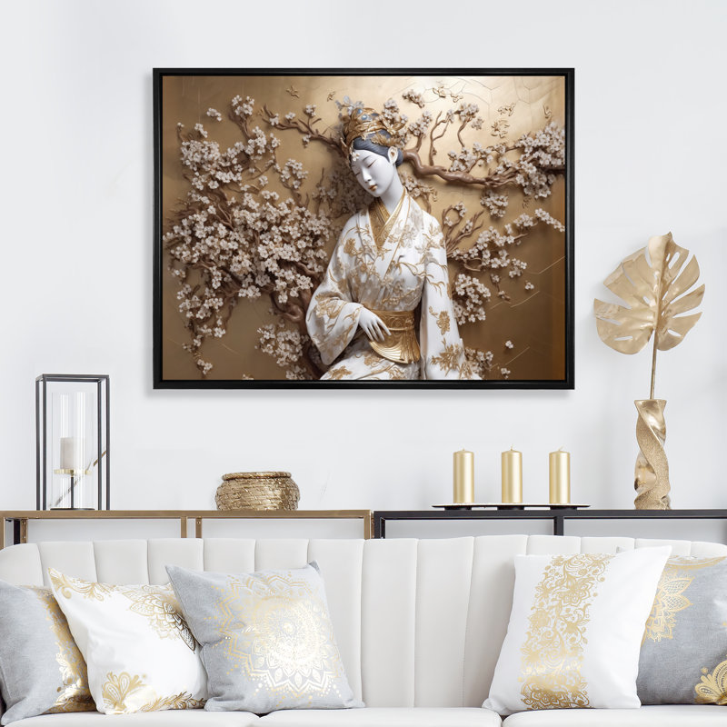 Statue de femme japonaise sur toile, impression, H 30 po x l 40 po x P 1,5 po, Cadre flottant noir