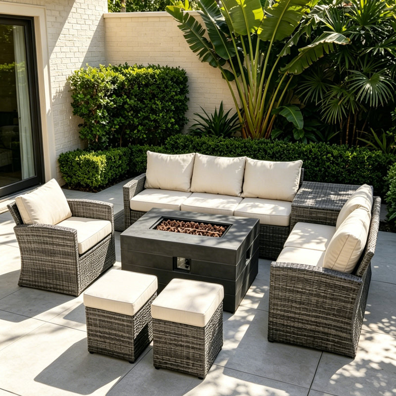 Ensemble modulaire de patio 8 places avec table de foyer d'extérieur 50 000 BTU, ensemble de conversation en osier PE avec cadre de rangement en acier galvanisé avec boîte de rangement et repose-pieds, mobilier 8 places pour la cour et le jardin