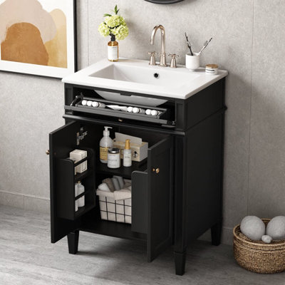 24" Modern Bathroom Vanity with Ceramic Sink – 2 Soft-Close Doors with Organizers & Tip-Out Drawer, Adjustable Shelf, Compact Storage Cabinet for Small Bathrooms