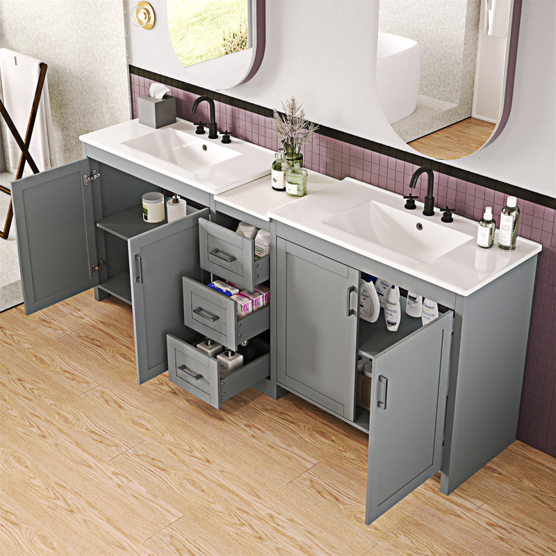 Meuble-lavabo double, lavabos en céramique et comptoir en quartz, Gris