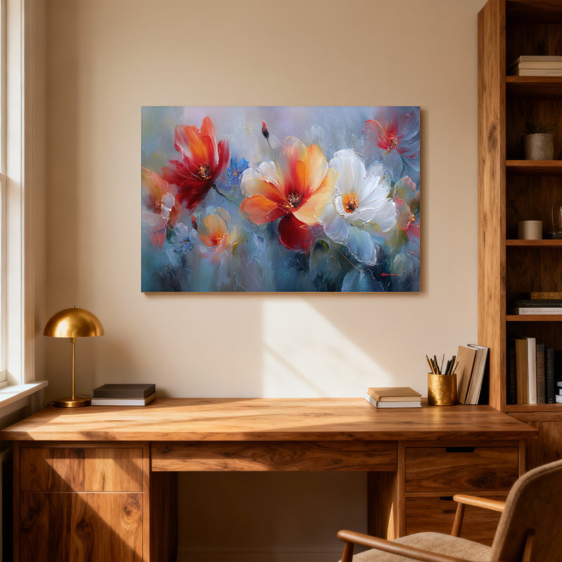 Plantes et fleurs, motif abstrait sur toile, H 12 po x l 18 po