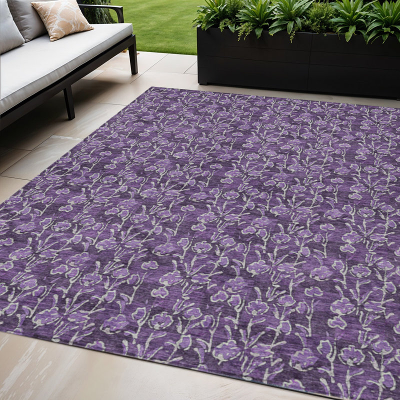 Tapis extérieur lavable floral aubergine 5 pi x 8 pi mauve et ivoire