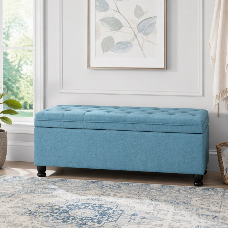 Banc de rangement capitonné à boutons avec tissu en lin et pieds fuselés, Bleu clair + lin
