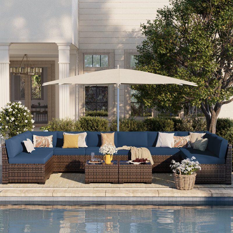 Jamaiah 10- Person Rattan Sectional Conversation Sets  with Cushions, Blue