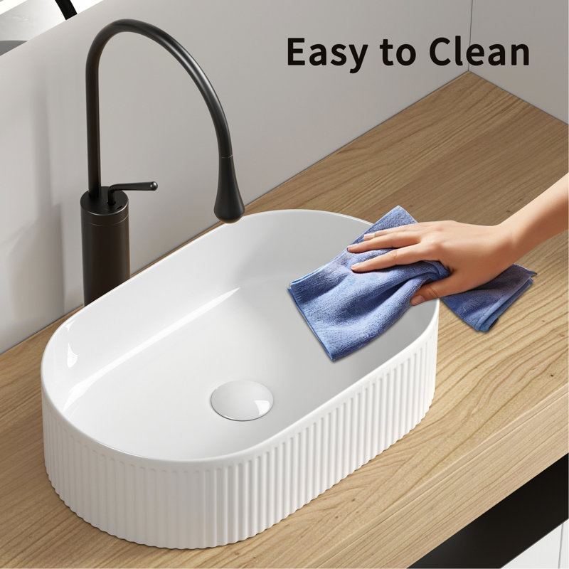 19.85 In. Deep Oval Countertop Vanity Sink, 12.05 Wide, Milk White Ceramic, High - Gloss Finish And Maintains Color Bathroom 19 X 12, Ceramic Bowl, Contemporary Style With Straight Line Texture, To