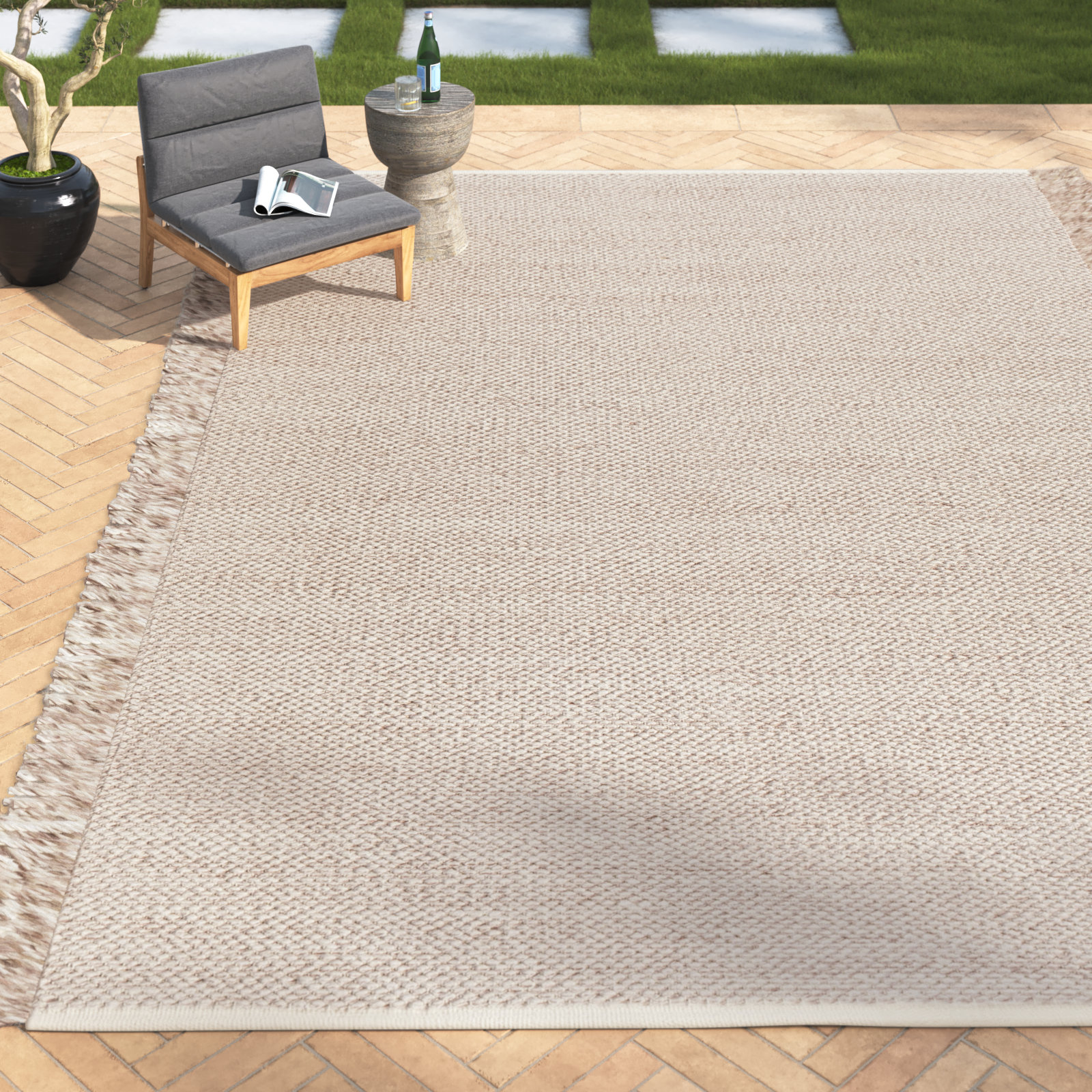Hinton Taupe Cream Hand-Woven Outdoor Rug, Rectangle 10' x 14'