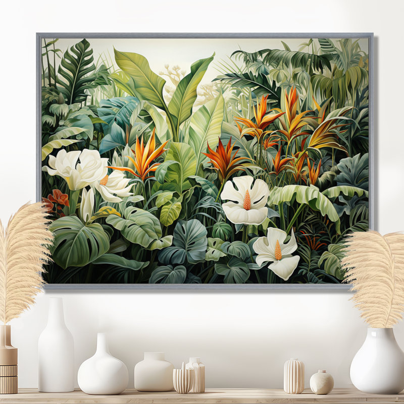 Décoration murale blanche botanique contemporaine Jungle Wonders - Plantes, H 24 po x l 32 po x P 1 po, Encadrement argenté