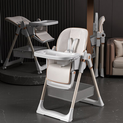 Chaise haute pliable avec une seconde de pliage, sac de rangement, support ergonomique, pour la chambre à coucher, plateau réglable à 5 niveaux blanc, réglage de la hauteur, dossier inclinable, blanc, idéal pour les repas