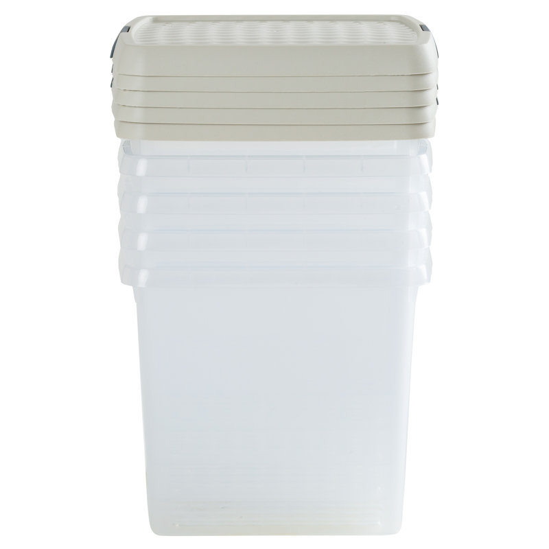 Wham Clip 5x 9L Square Plastic Storage Boxes with Secure Clip Lock Lids. L:29 x W:29 x H:15.5cm Clear/Green Milieu/Stone