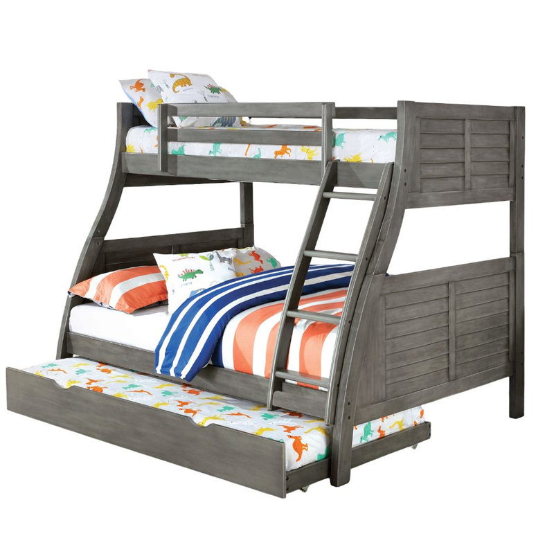 Lit superposé simple au dessus d'un lit double, transitionnel, gris, structure de style planche, réversible, bois massif, configuration utilitaire de chambre à coucher, profit