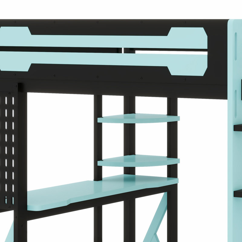 Space-Saving Loft Bed with Desk, Shelves, Power Outlet & RGB Light, Black+Blue