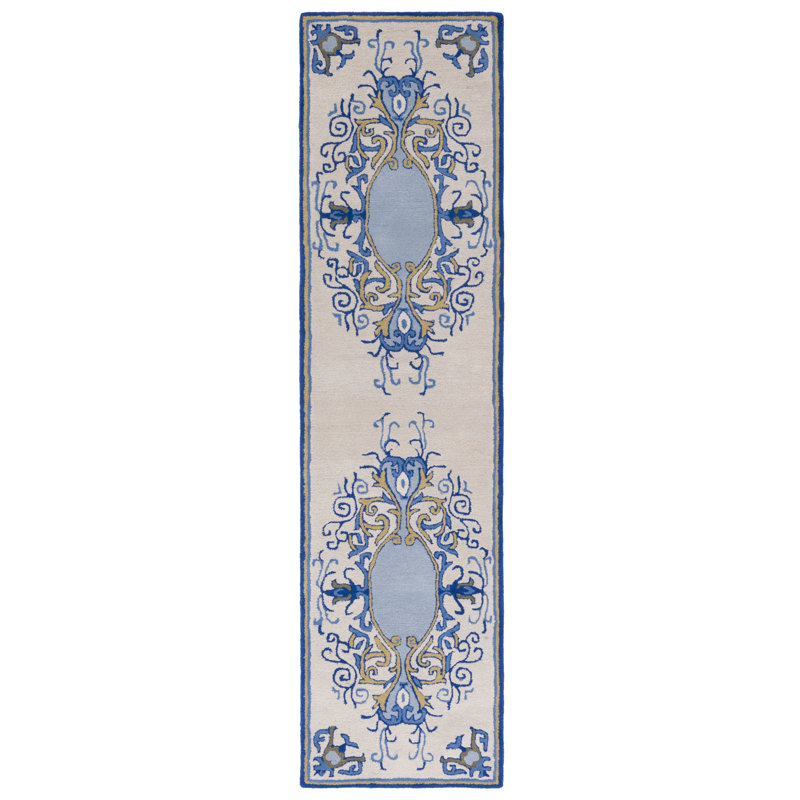 Empire Hand Tufted Wool/Cotton Oriental Rug in Blue/Ivory, Runner 2'3" x 9'