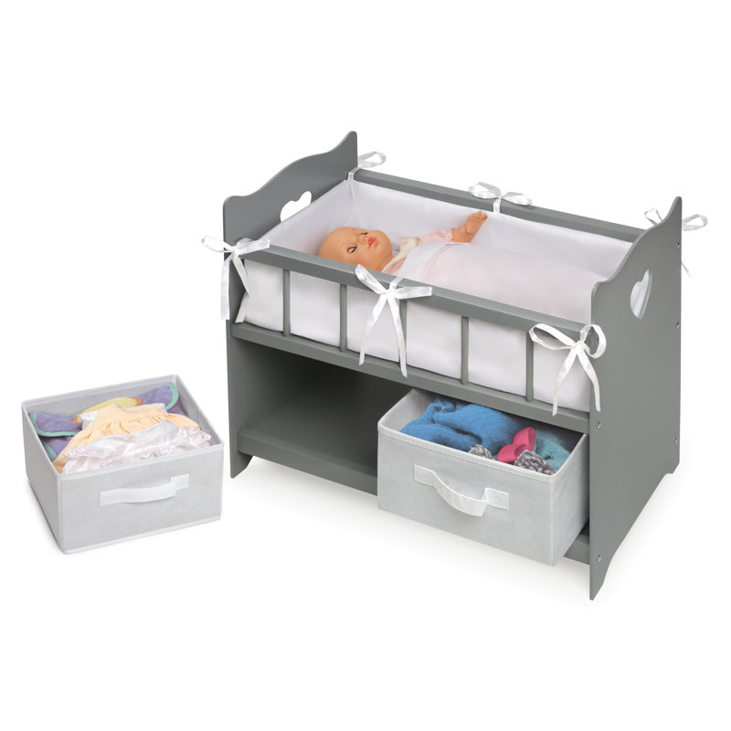 Executive Gray and White Wooden Doll Crib with Storage Baskets