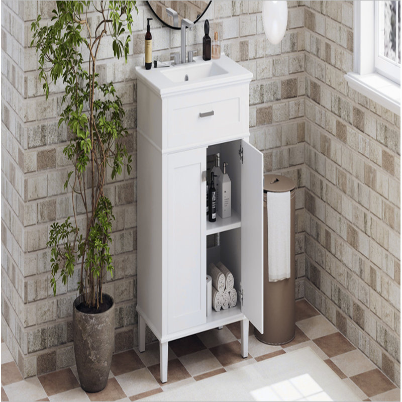 Meuble-lavabo de 30 po avec lavabo en céramique, porte à fermeture en douceur et tablettes réglables, Blanc, Argent argent