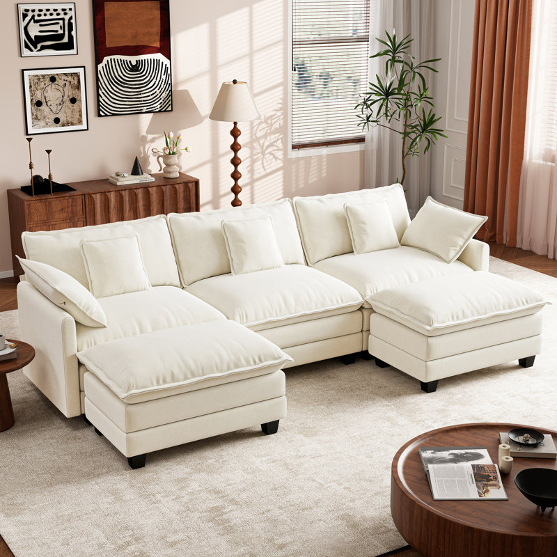 Canapé modulaire en U en chenille de 111,5 po avec 5 repose-pieds George, Beige