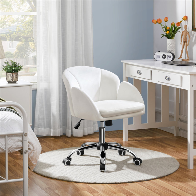 Desk Chair With Petal-shaped Backrest, White Faux Leather