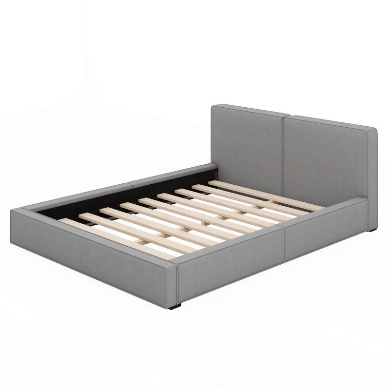 Grand lit plateforme tapissier avec structure solide, Gris