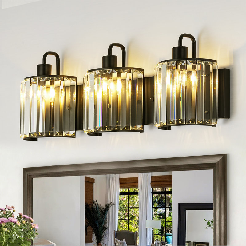Applique murale moderne à 3 lumières pour salle de bain avec abat-jour en cristal transparent, Noir mat