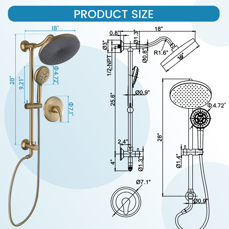 Robinet de douche mural mural avec valve anti-brûlure à pression équilibrée, Or brossé