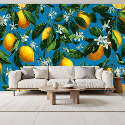 Papier peint adhésif d'été avec aquarelle bleue, agrumes, été, citron, fruits frais, citrons, feuilles, mur, H 69 po x l 96 po, amovible, papier peint mural, adhésif pour le salon, la chambre, le bureau à domicile