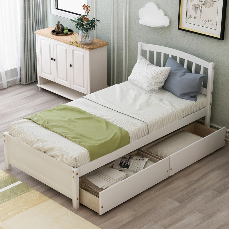 Cadre de lit plateforme simple avec deux tiroirs et tête de lit , Blanc