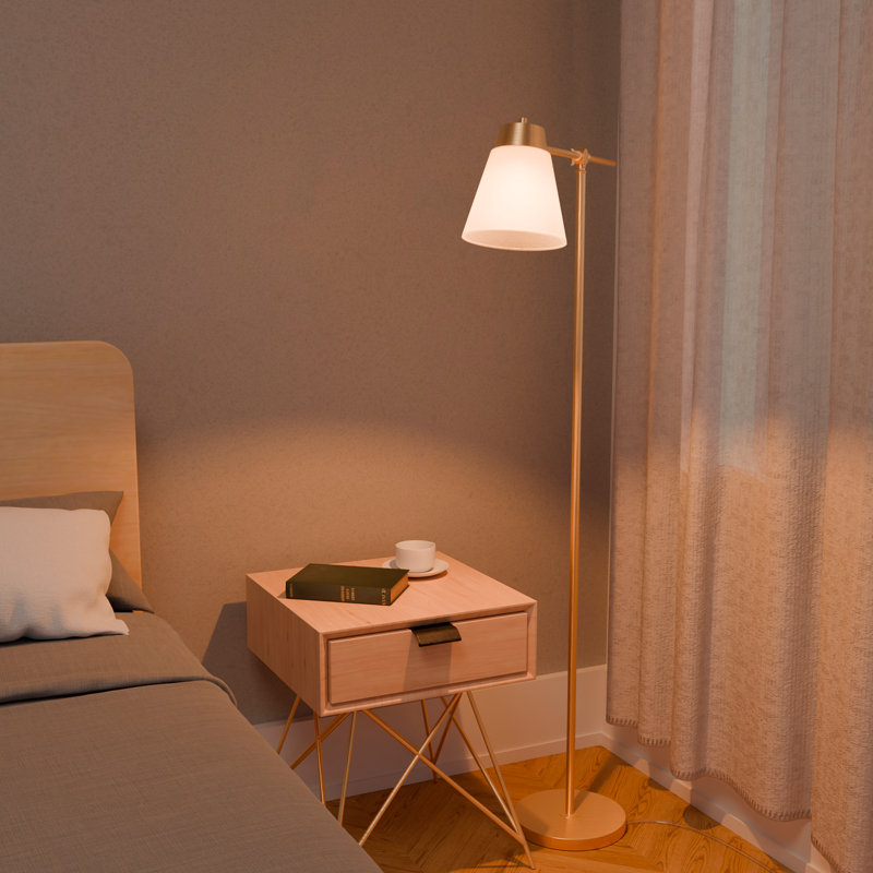 Varley 69" Matte Brass Plated Swing Arm Floor Lamp with White Tapered Fabric Shade