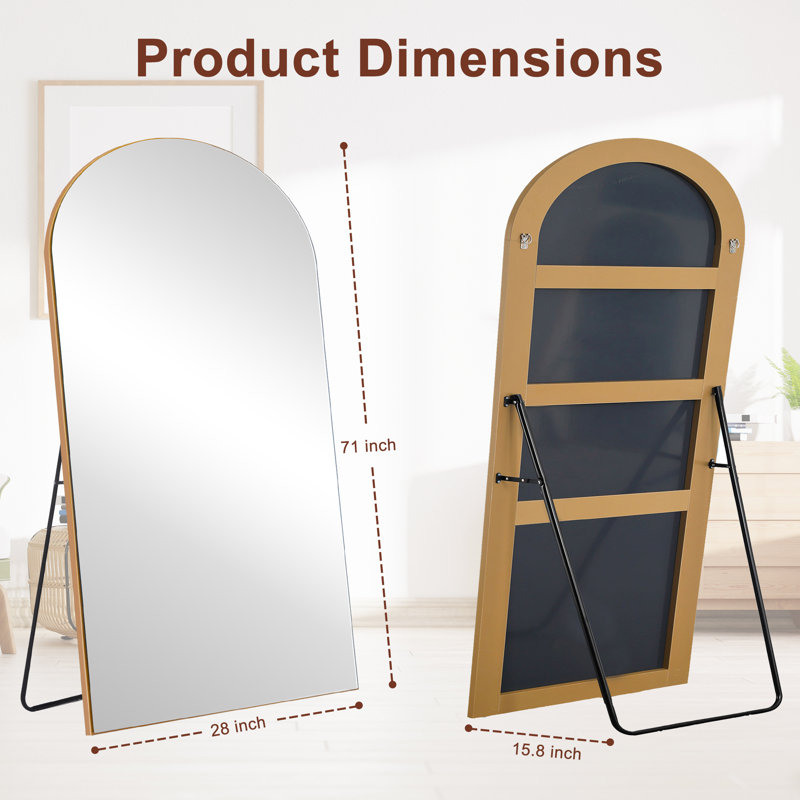 Oversized Wood Arched Full Length Mirror, Standing or Leaning Full Body Mirror, Gold, 71" x 28"