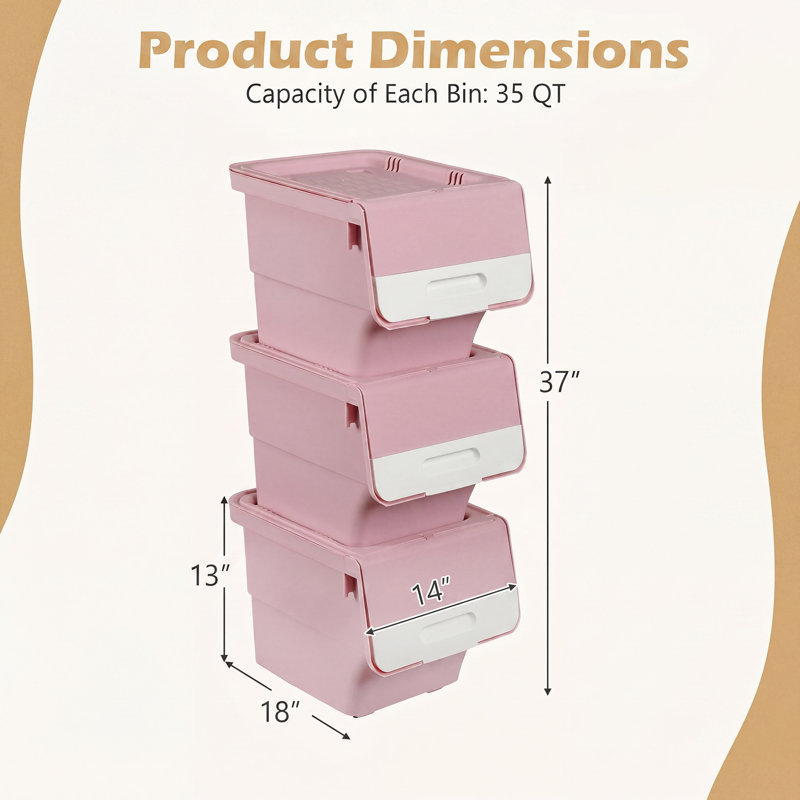 Paquet de 3/6 bacs de rangement roulants avec couvercles, organiseurs empilables emboîtables en plastique blanc et rose, 1