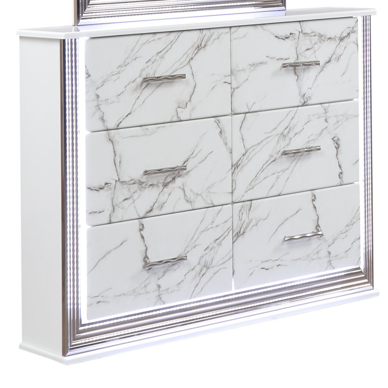 Commode à tiroirs en marbre avec finition blanche élégante, poignée métallique et six tiroirs spacieux pour un rangement élégant dans la chambre à coucher