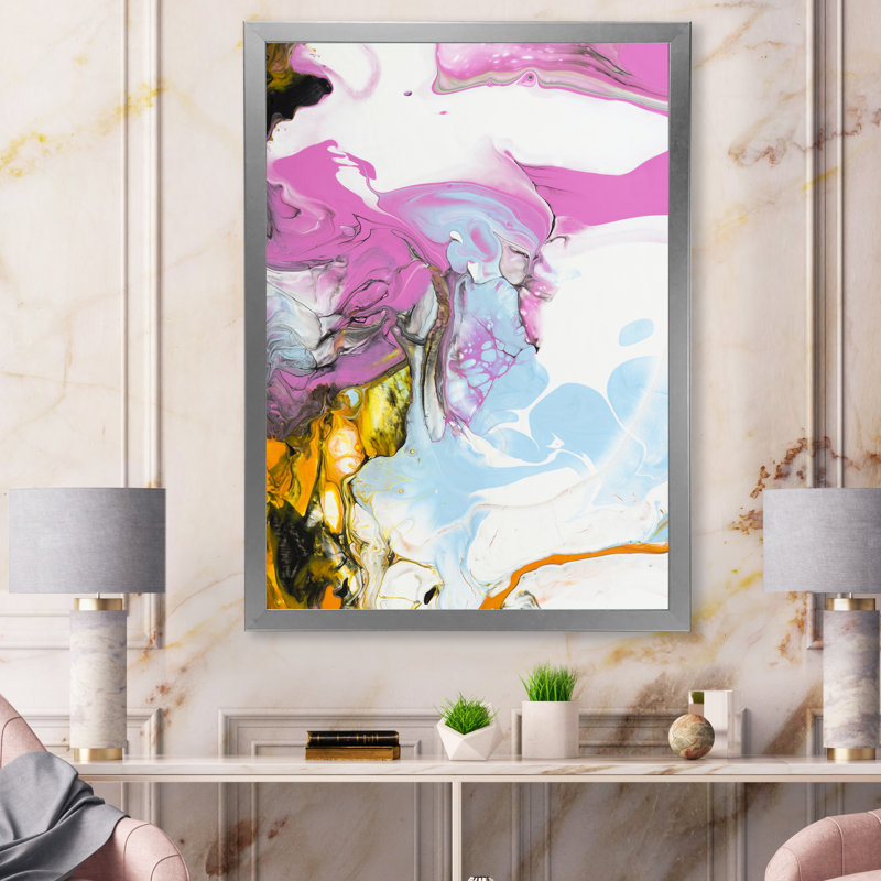 Rose, bleu et jaune liquide Art II - peinture sur toile, H 44 po x l 34 po x P 1,5 po, Cadre de coin argenté fermé