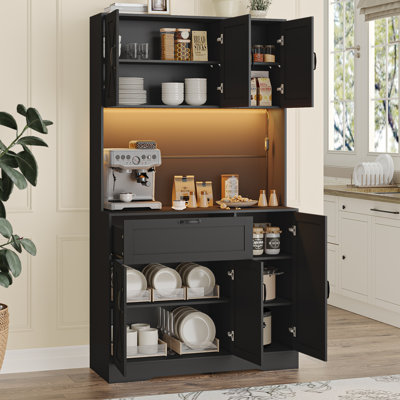 Armoire de cuisine 71 po avec support à micro-ondes, huche de cuisine moderne avec tiroir, tablettes réglables, lumière DEL et prises de courant pour la cuisine, la salle à manger et le salon