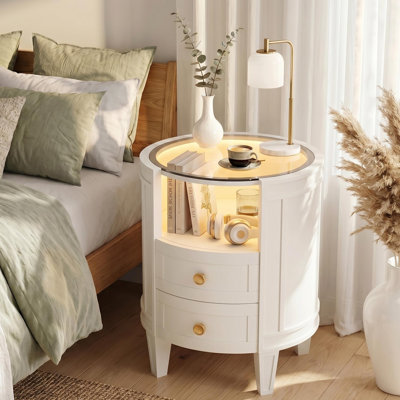 Kentshire Oval White Nightstand with LED and Glass Tabletop