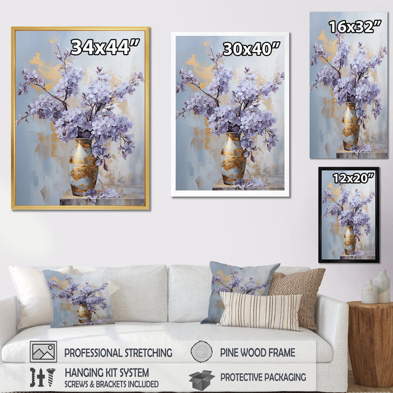 Impression sur toile mauve et pastel lilas pastel mauve sur toile, Cadre flottant doré, H 32 po x l 16 po x P 1 po