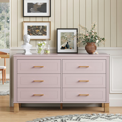 6-Drawer Double Dresser, Modern Storage Cabinet with Metal Handles & Solid Wood Legs, Dresser Drawer Organizer for Kids Bedroom, Heavy-Duty Wooden Dresser with Pre-Installed