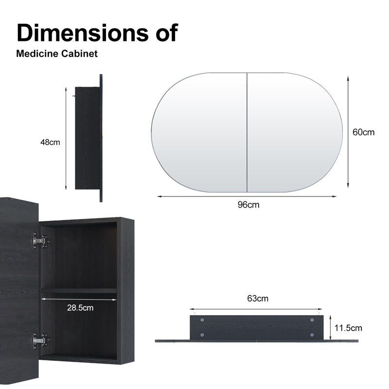Soini Oval Bathroom Mirror Cabinet, 2 Door Wall Mounted Medicine Cabinet, Black, 60cm H x 96cm W x 11.5cm D