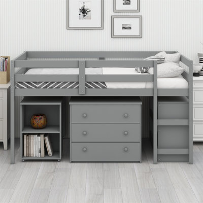 Lit mezzanine bas avec tablette, tiroirs et bureau portatif à roulettes