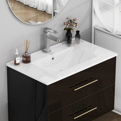 30-Inch White Ceramic Bathroom Sink, Fits 30-Inch Vanity, Pre-Drilled Faucet Hole, Modern Minimalist Design, Durable & Easy To Clean