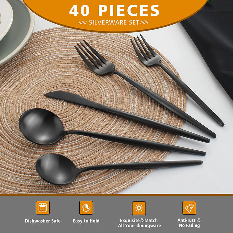 40 Pieces Black Silverware Set, Stainless Steel Flatware Set Service for 8,  Tableware Cutlery Set, Utensils for Home, Restaurant, hotel, Include Knife