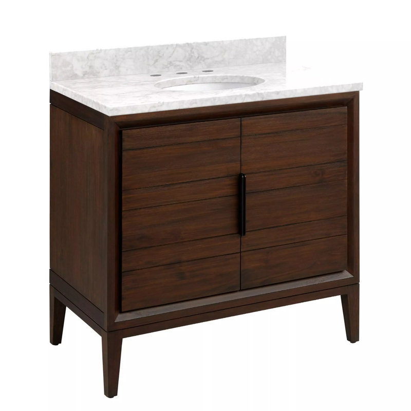 Ensemble de meuble-lavabo simple 36 po avec lavabo sous-comptoir ovale Aliso, Marbre de Carrare, Café, 8 po
