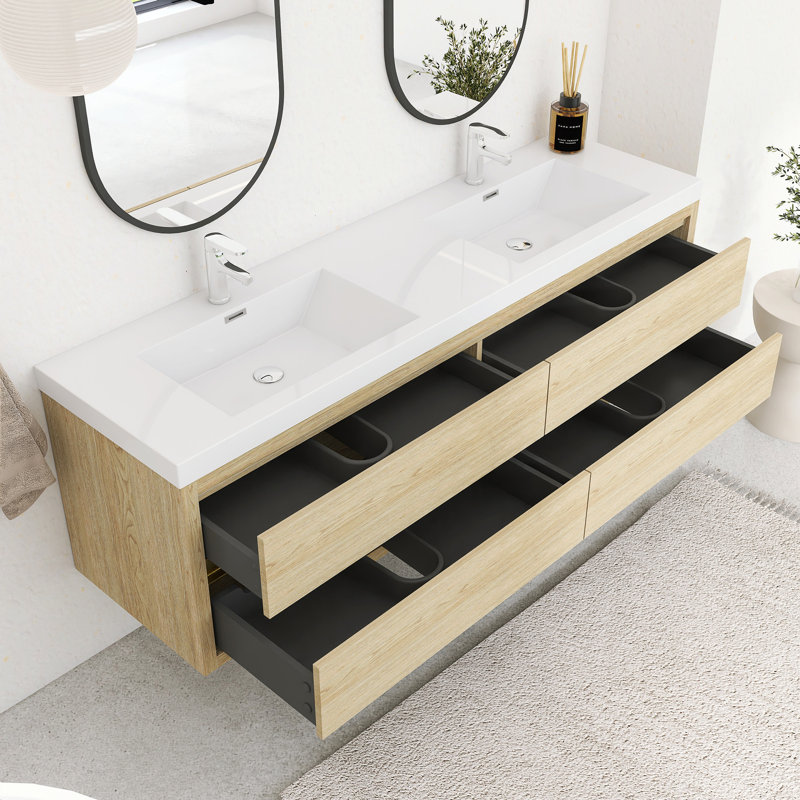 Ensemble de meuble-lavabo mural 72 po avec double lavabo double intégré en résine, 72", Chêne naturel