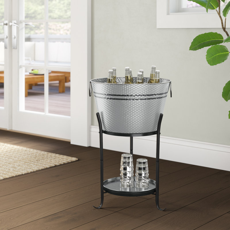Silver Galvanized Steel Ice Bucket with Stand and Tray