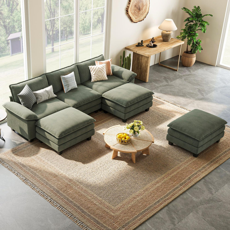 Colbey 123'' Upholstered U-shape Modular Cloud Sectional with 3 Ottomans, Lena Green Corduroy