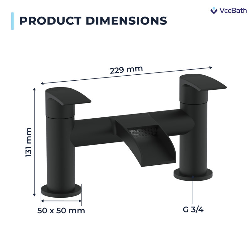 VeeBath Symphony Round Waterfall Bath Filler Mixer Tap, Matt Black