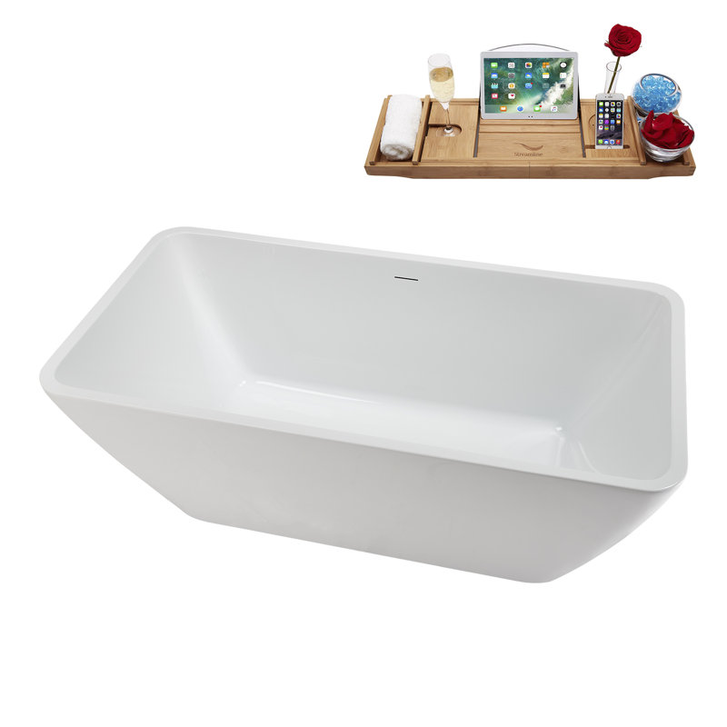 59" Streamline Soaking Freestanding Tub and Tray With Internal Drain, Polished Brass