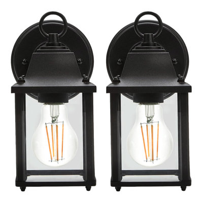 Set of 2 Classic Black Outdoor Wall Lights - All-Metal Waterproof 8.5" Lantern Sconce with Clear Glass for Porch, Garden, Garage